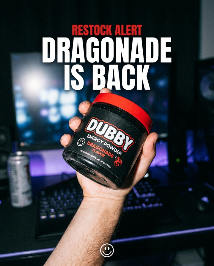 Restock-alert ad announcing a Dubby energy powder flavor is back in stock