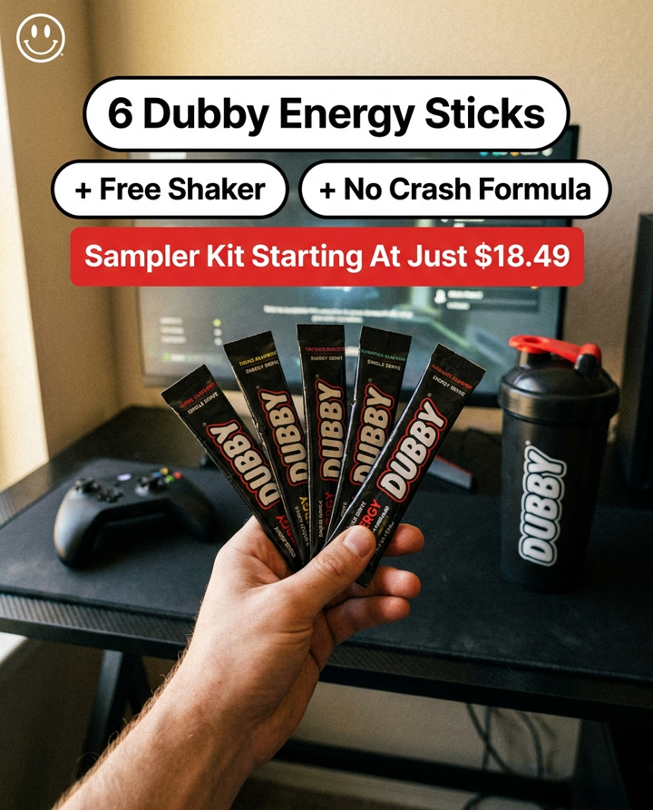 Ad for a Dubby sampler kit: six energy sticks plus a free shaker, starting at $18.49