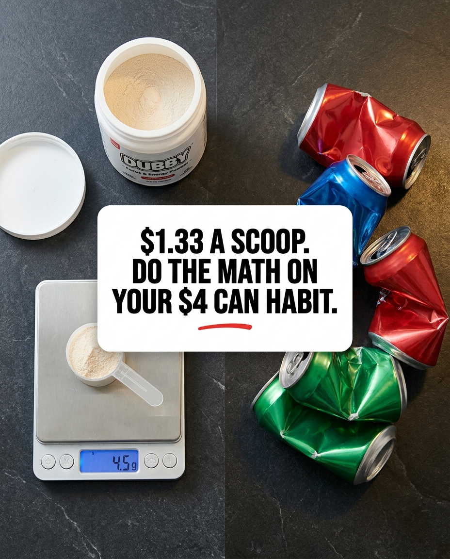 Cost-per-scoop comparison ad against canned energy drinks