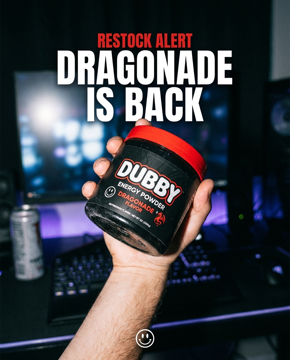 Restock-alert ad for a Dubby energy powder flavor drop