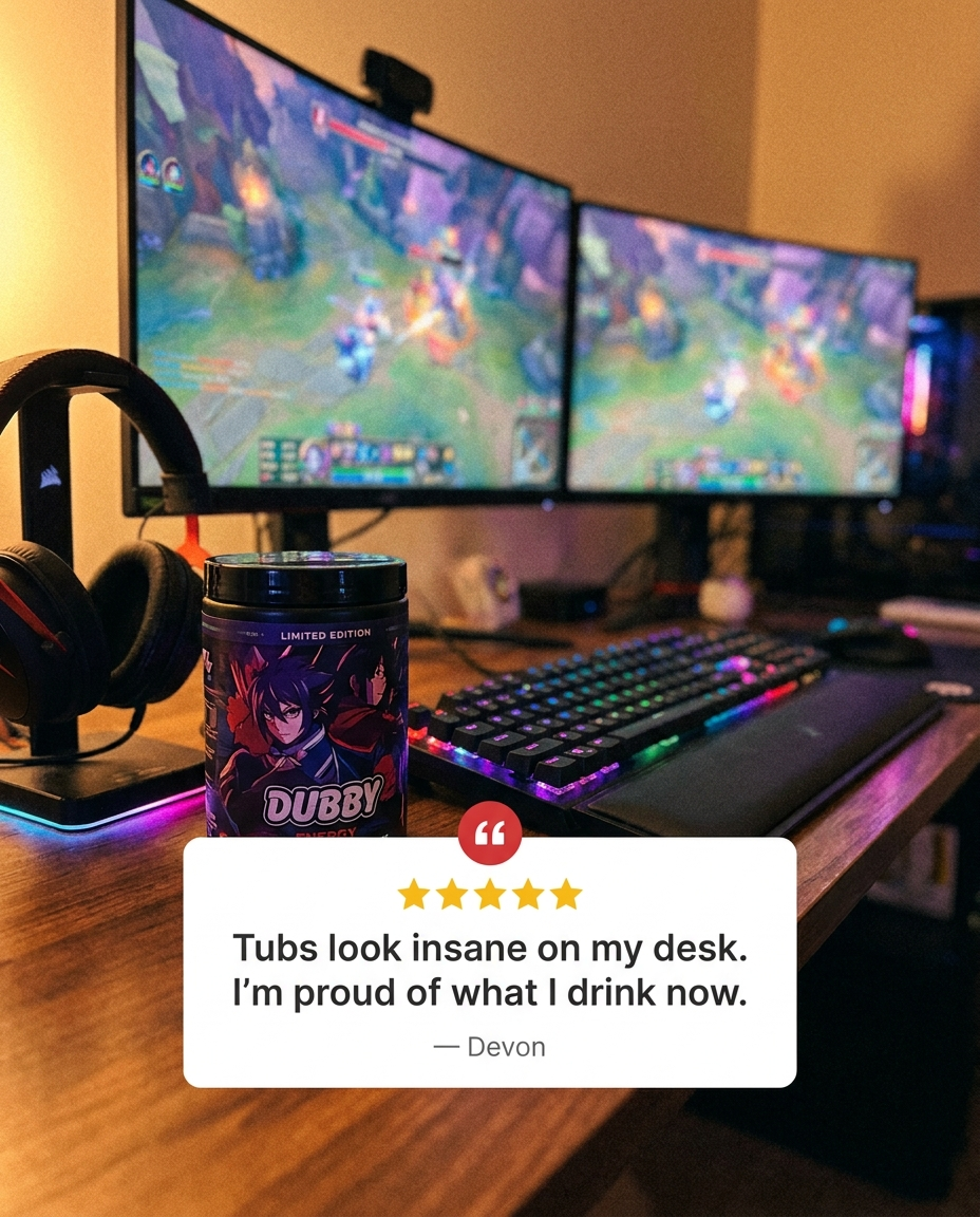 Five-star customer testimonial ad for an energy drink brand